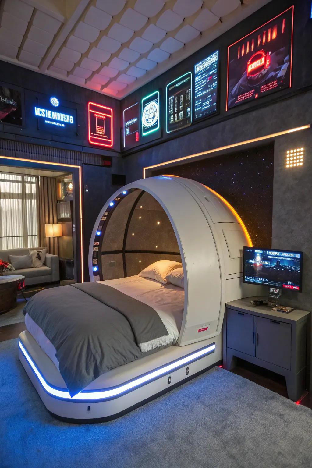 A celestial pod bed that acts as the focal point of the space.