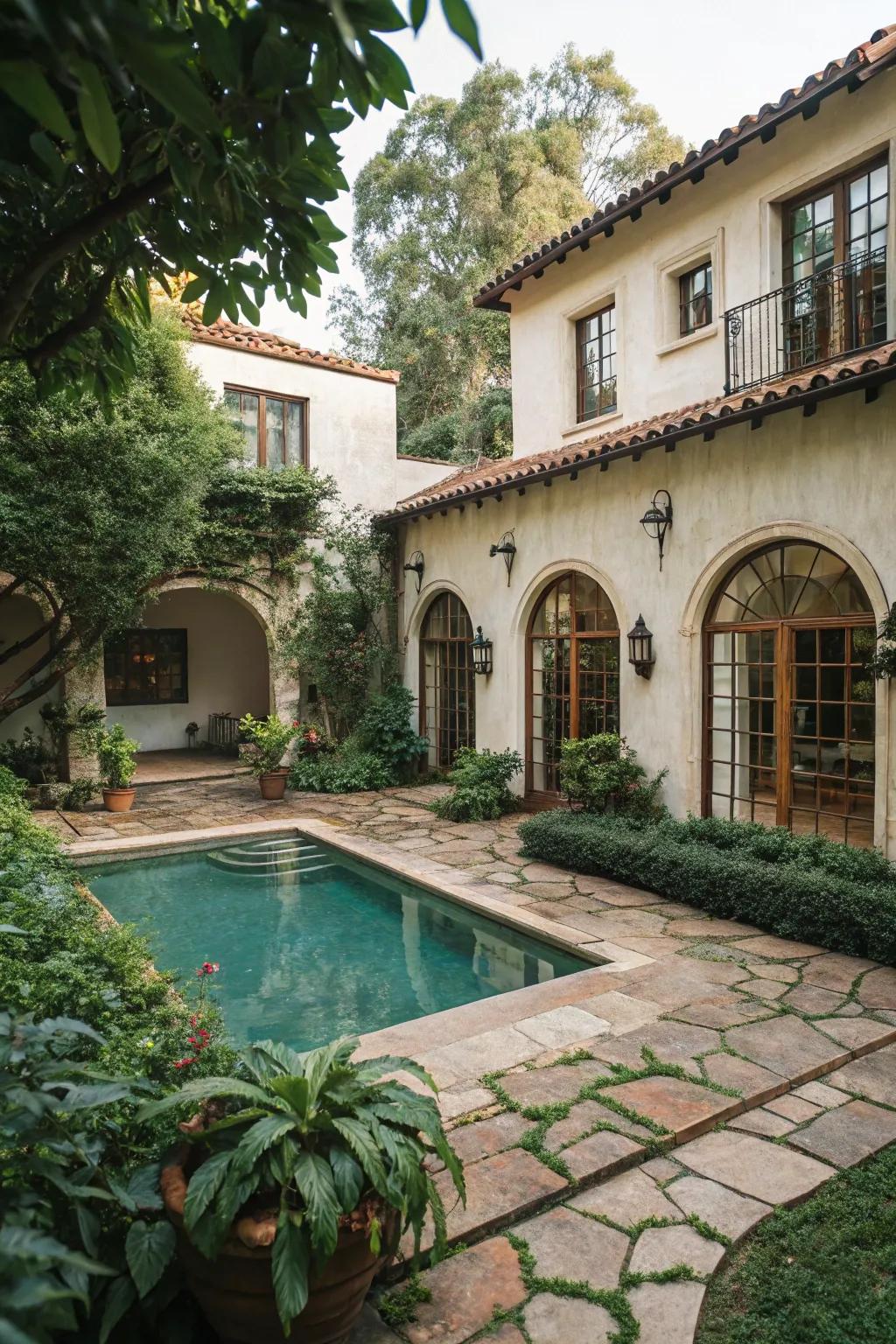 Elegant arches beautifully frame the views in this Spanish-style backyard escape.