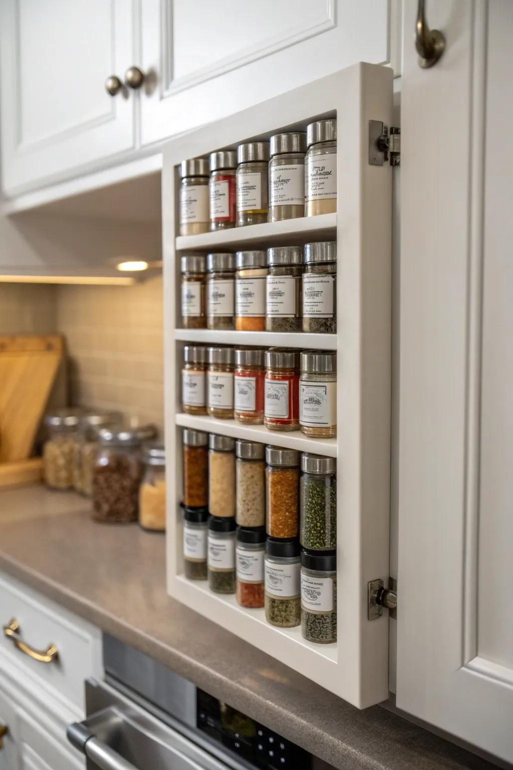 Concealed spice arrangement on the inside of a cabinet door.