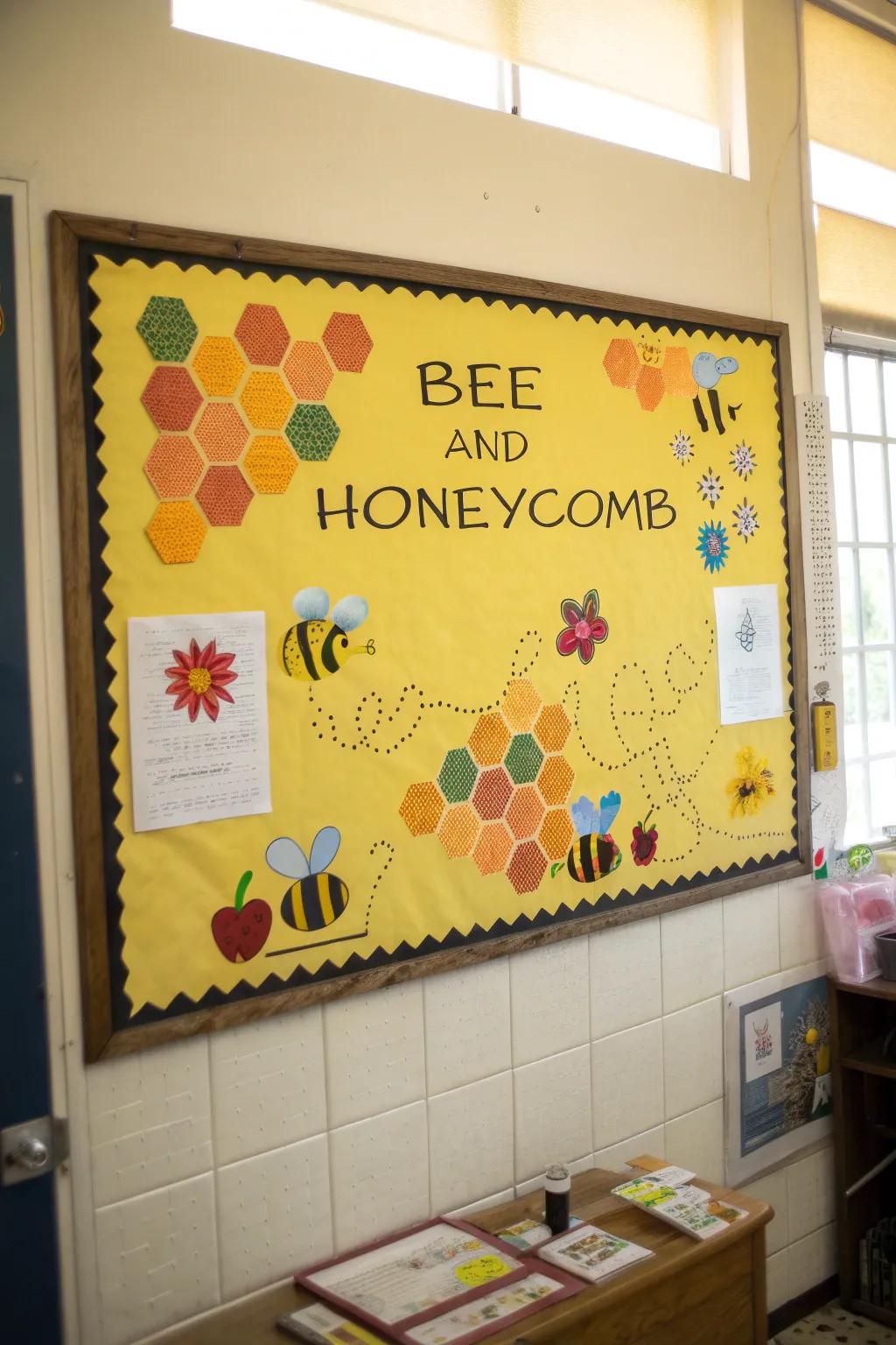 An insect-themed office pinboard showcasing honeycomb motifs and inspiring messages.