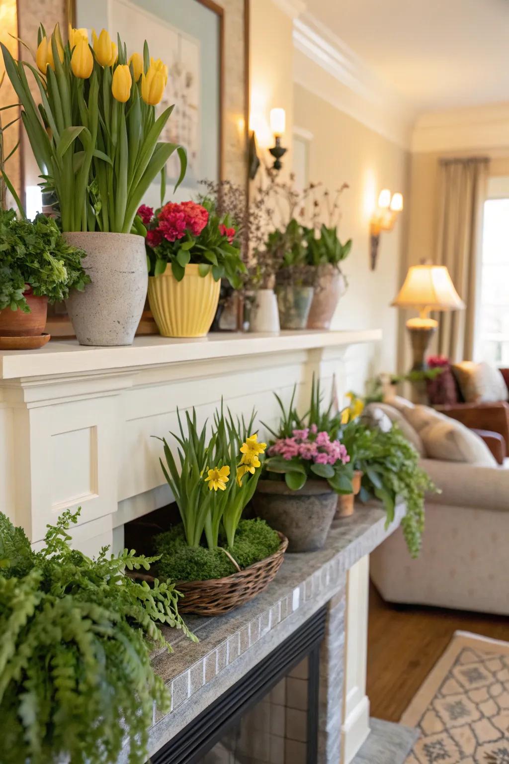 A botanical mantel display introduces a revitalizing, natural feel to your living space.