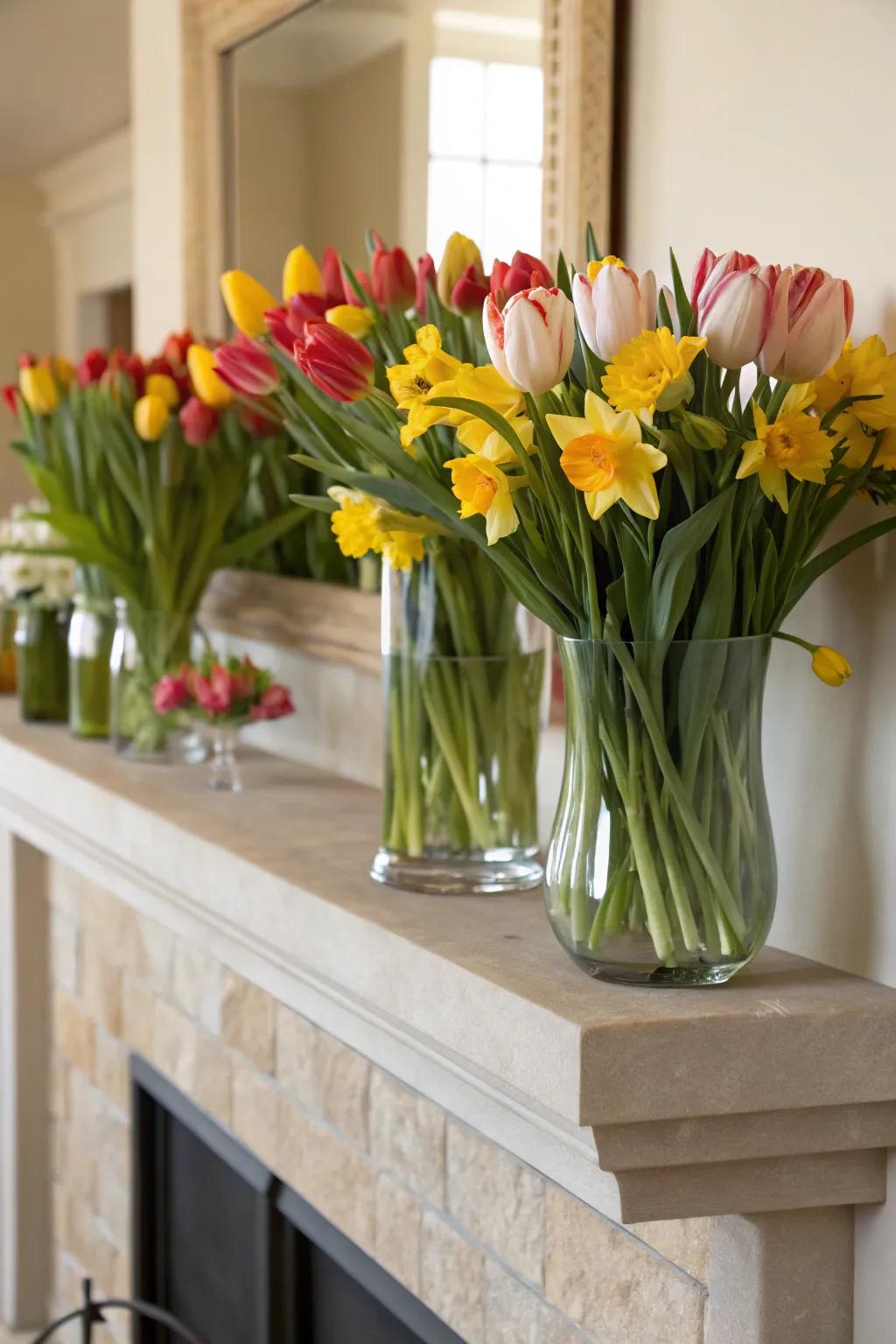 A lively burst of tulips and daffodils bringing spring to the mantel.