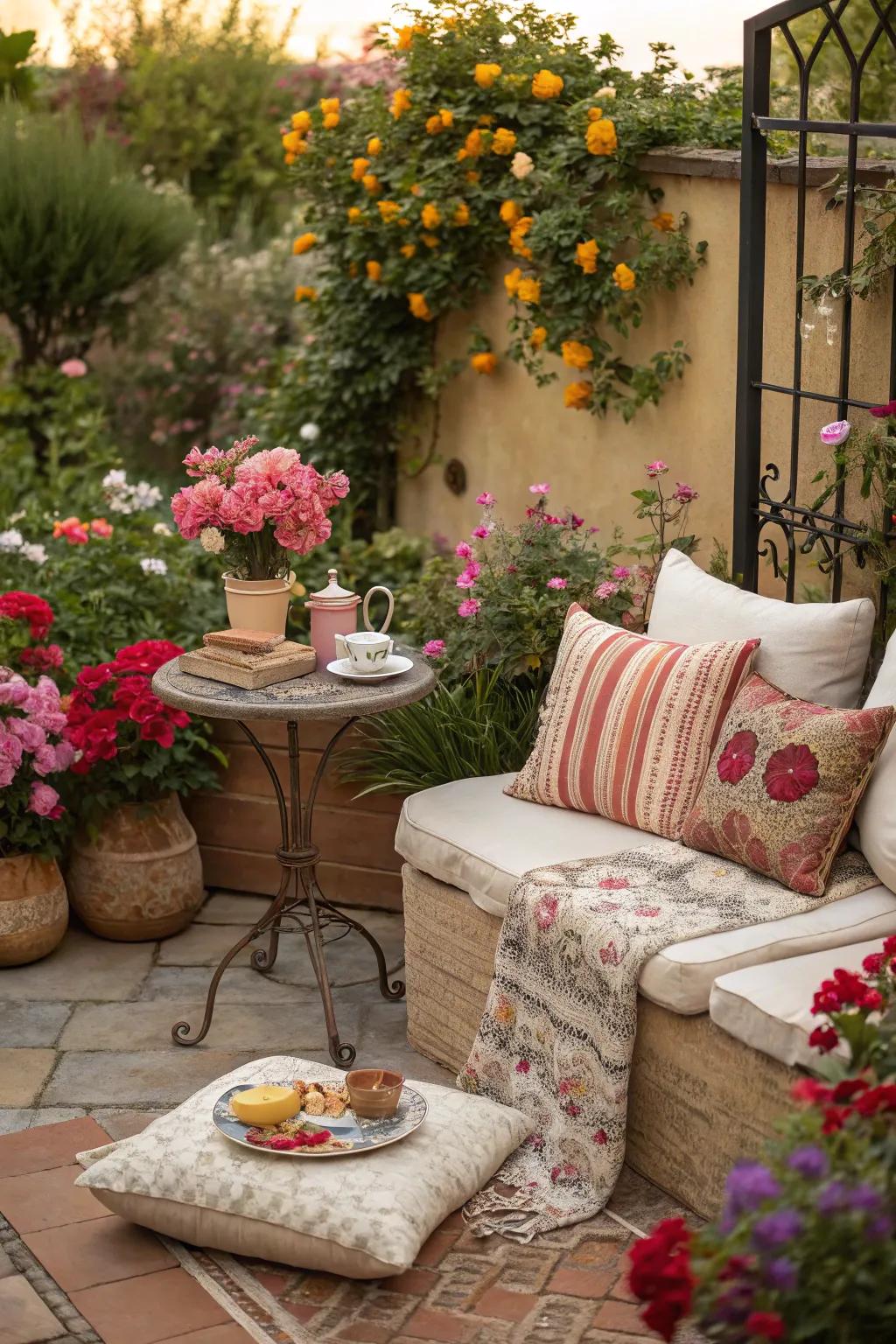 A serene outdoor retreat perfect for savoring morning coffee while relishing the garden.
