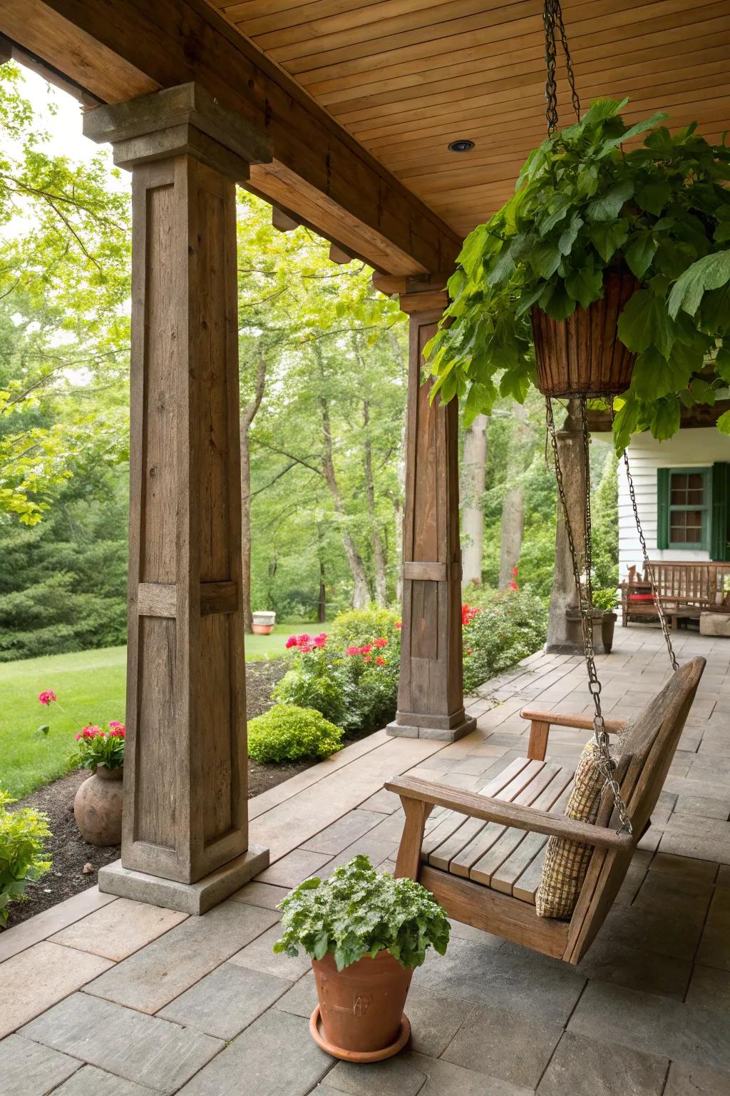 Redwood rectangular pillars introduce an organic charm to this countryside veranda.