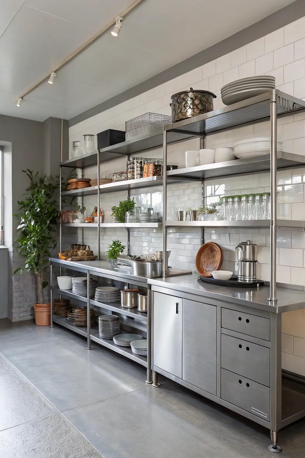 Metropolitan elegance: steel open shelves contribute an element of city style.