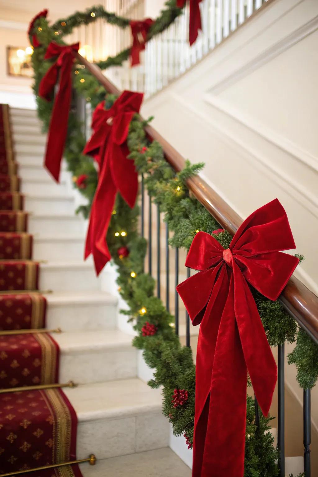 Staircase adorned with deep scarlet knot elements and textile accents.