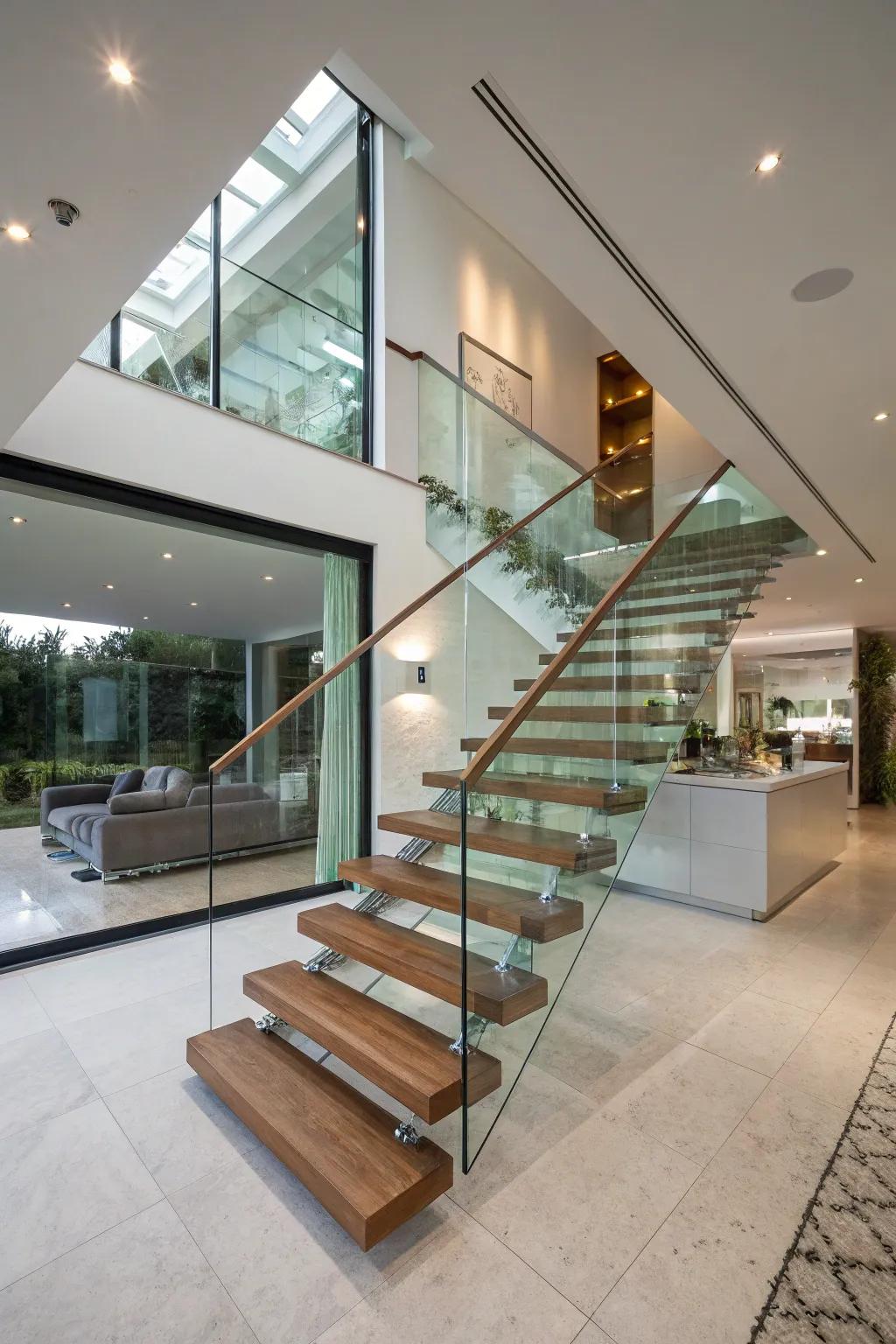 Rising steps impart an expansive and light ambiance in this contemporary residence.