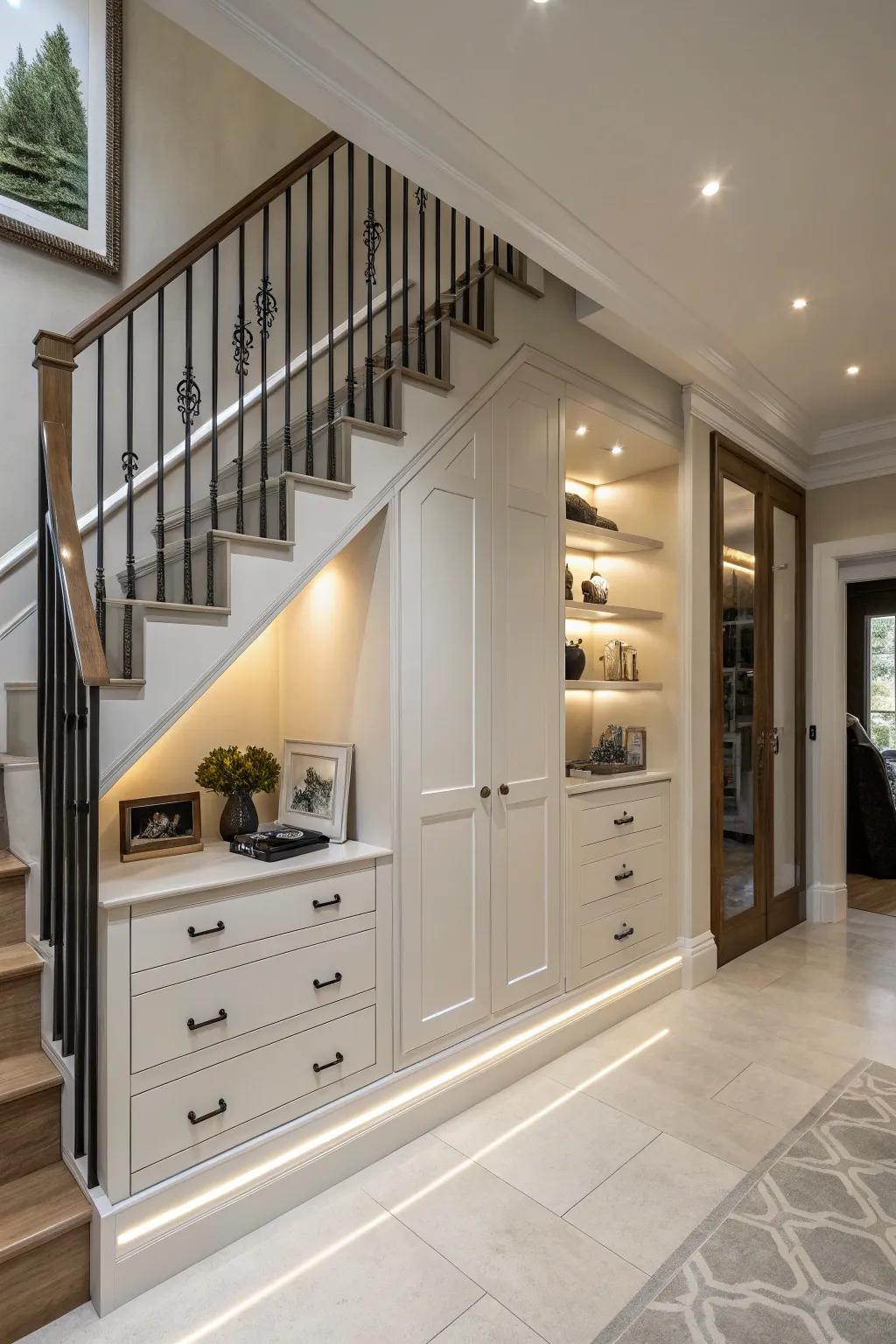 Maintain tidiness through bespoke integrated cupboards beneath your stairs.