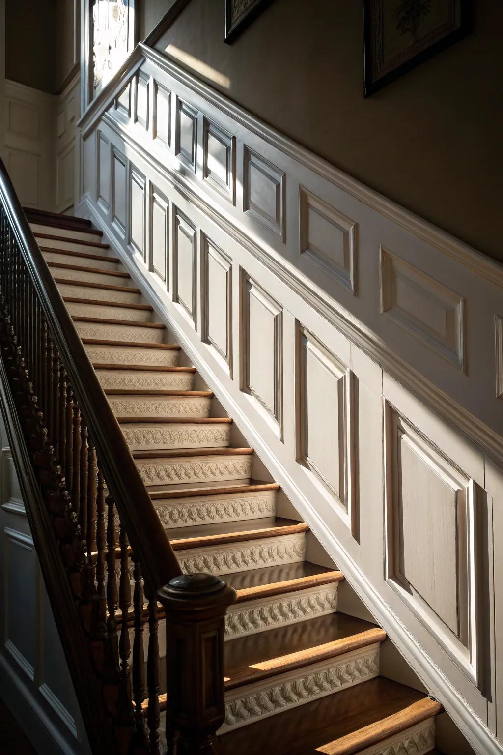 Dimensional panel trim lends richness and sophistication to your staircase.