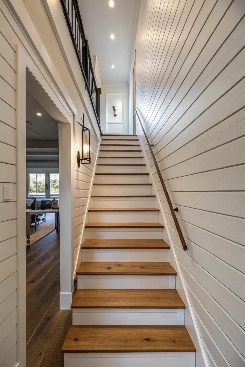 Modern plank walls bring a simple, structured feel to your staircase.