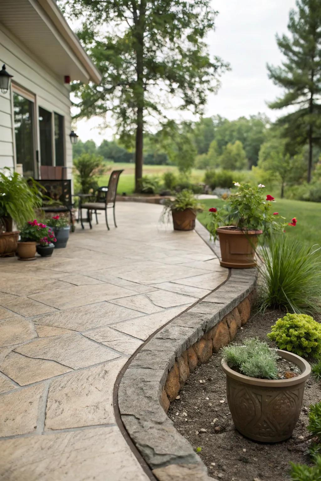 Sophisticated terrace showcasing a natural stone-style stamped concrete boundary