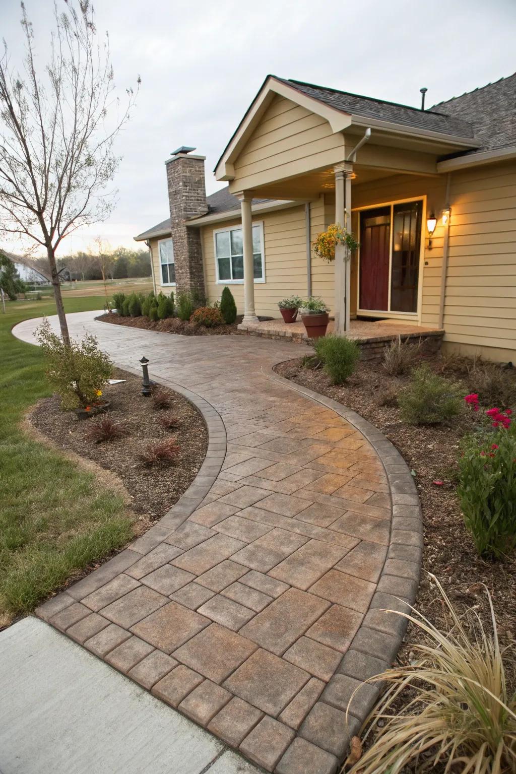 Evoke countryside charm with a brick-patterned <strong>stamped concrete</strong> path.” loading=”lazy” class=”pimg”>
	</picture><figcaption>Evoke countryside charm with a brick-patterned <strong>stamped concrete</strong> path.</figcaption></figure>
<p>For a more age-old ambiance, think about a <strong>brick design</strong> for your walkway. It’s ideal for those of us who adore the allure of traditional exteriors, but without the maintenance headaches of actual brick.</p>
<h3>Products that could assist:</h3>
<ul class=