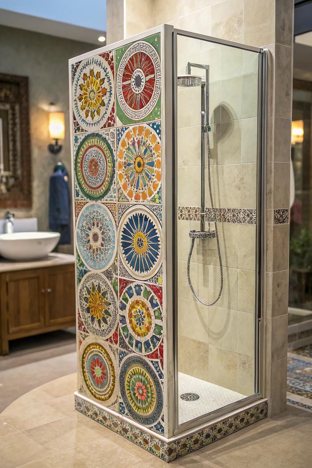 Tile patterns infuse your shower area with artistic flair.