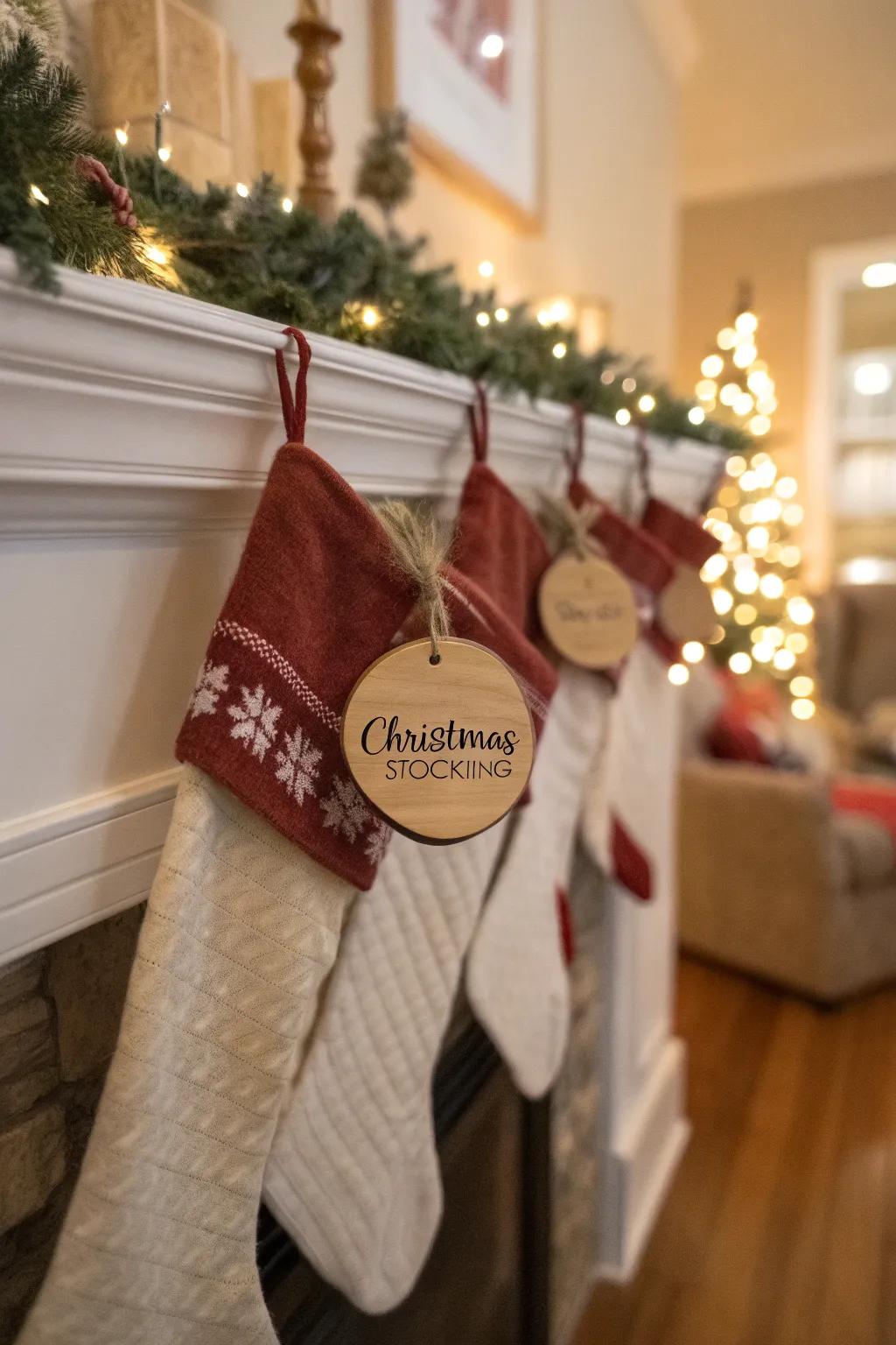 Country-style timber tags add a gorgeous personal touch to stockings.