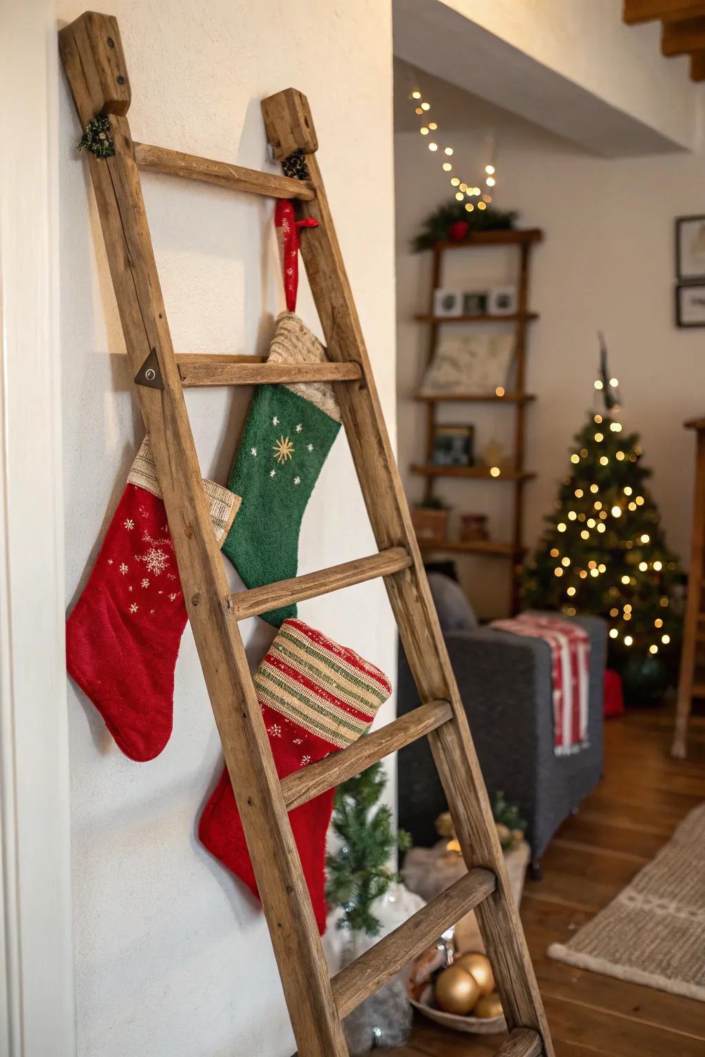 Pastoral ladder graced with stockings, cultivating a snug pastoral impression.