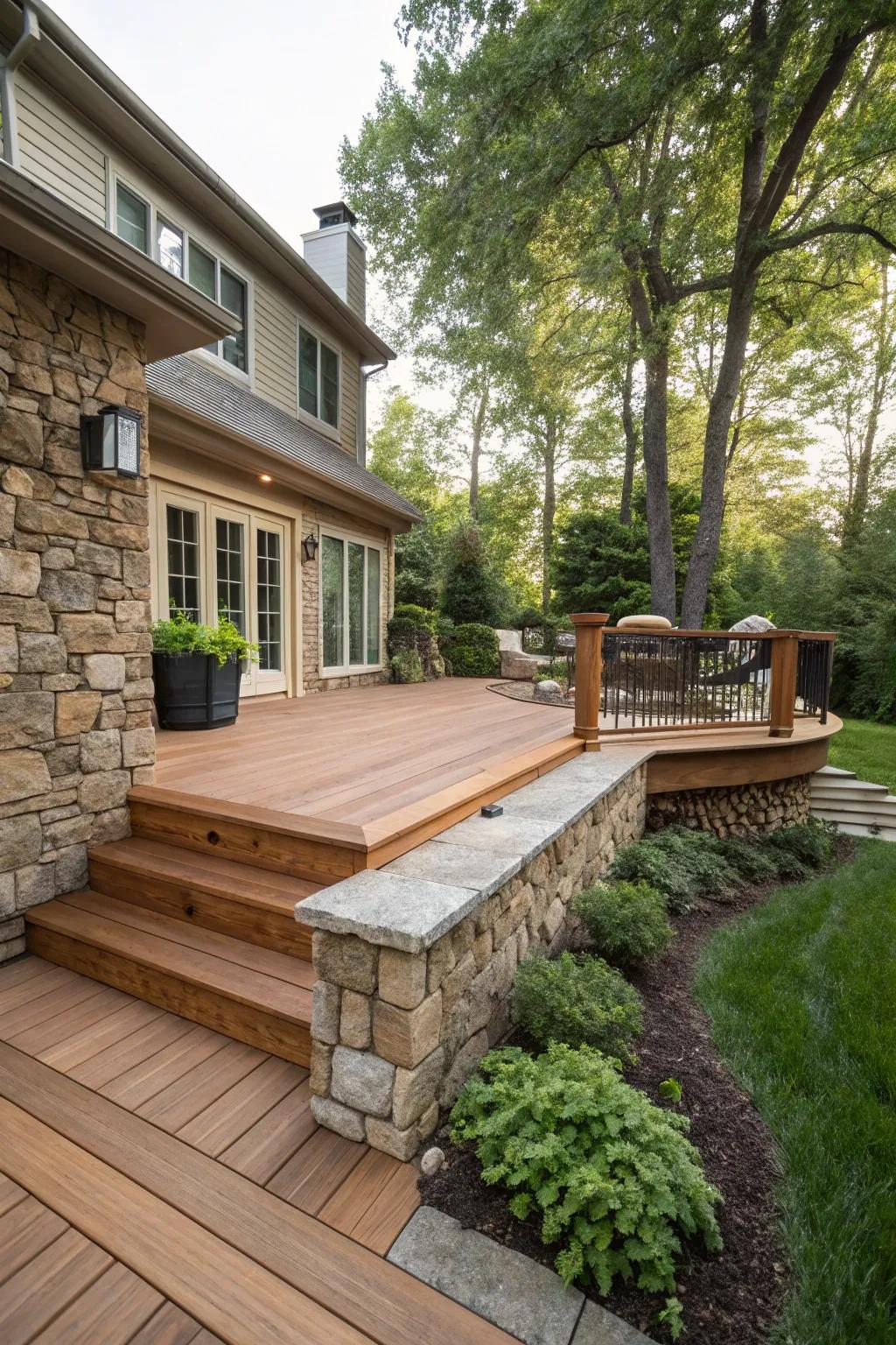 A balanced combination of rock and lumber skirting imparts an earthy charm to the deck.