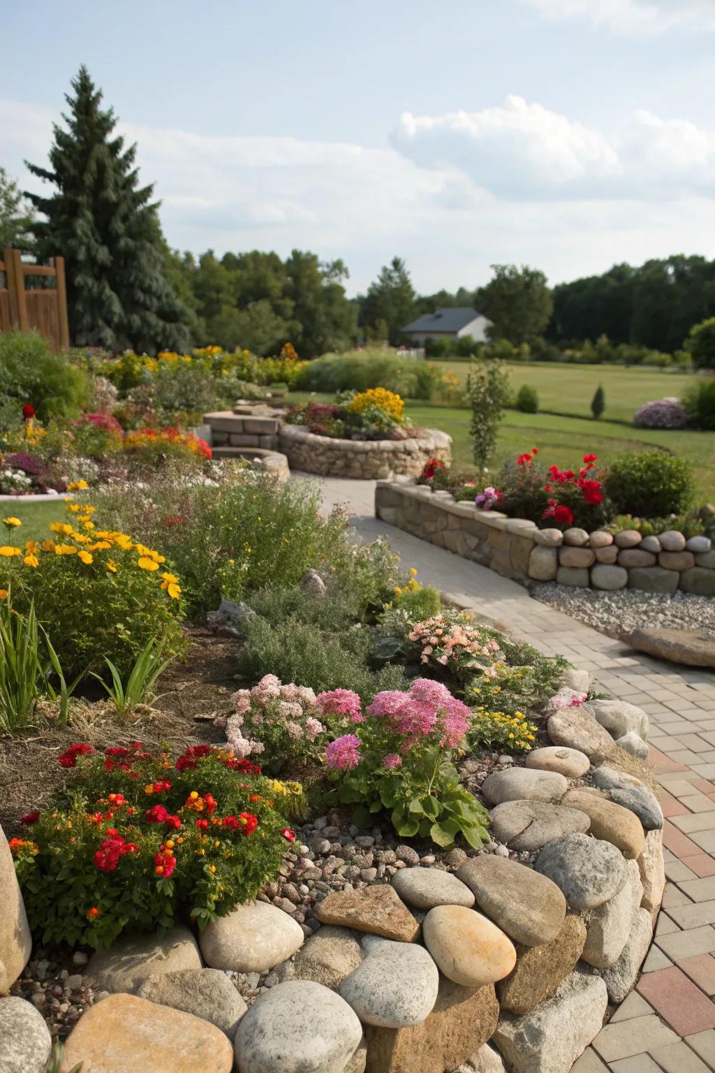 Appealing stone borders framing flourishing garden beds.