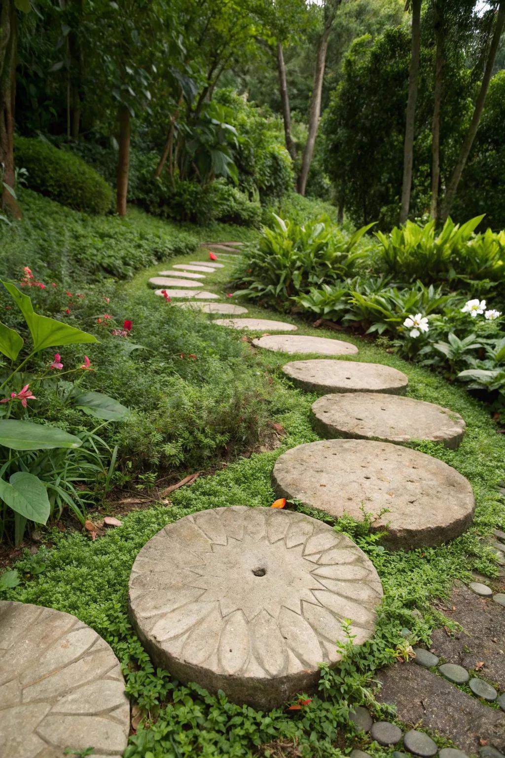 Spherical walkway tiles produce a whimsical design within your garden.