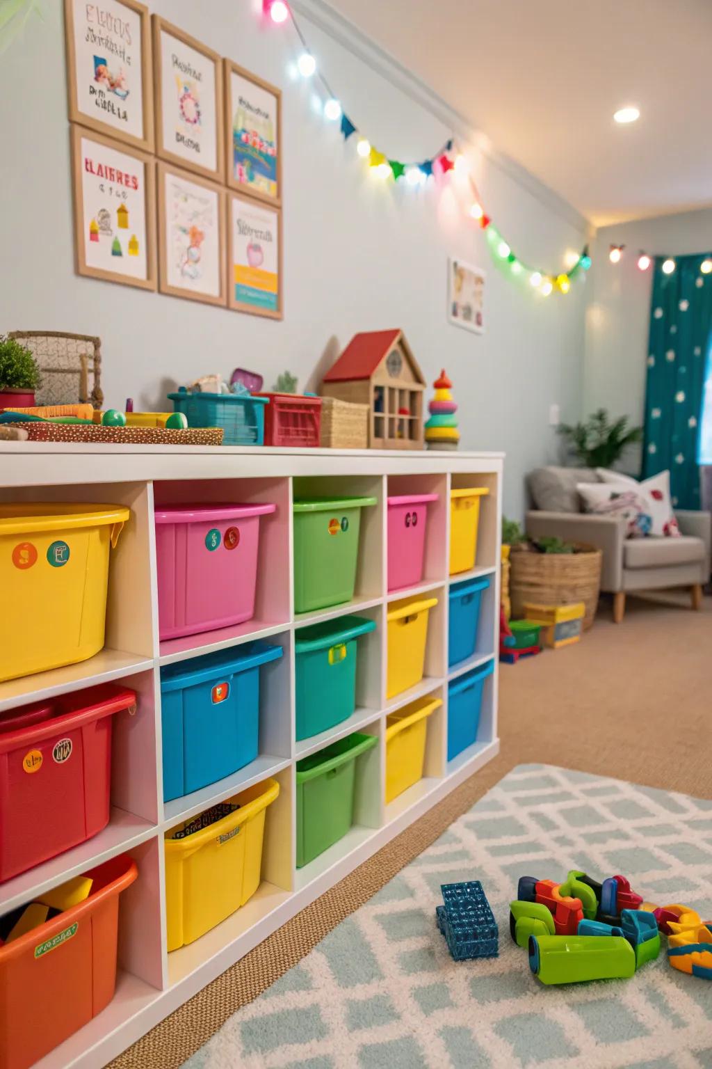 Color-coordinated receptacles make toy organization enjoyable for children.