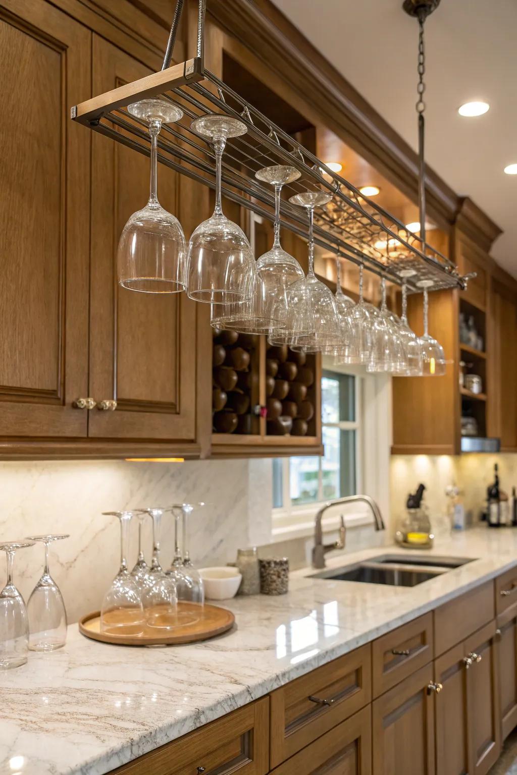 Hanging racks provide chic and space-efficient storage for stemware.