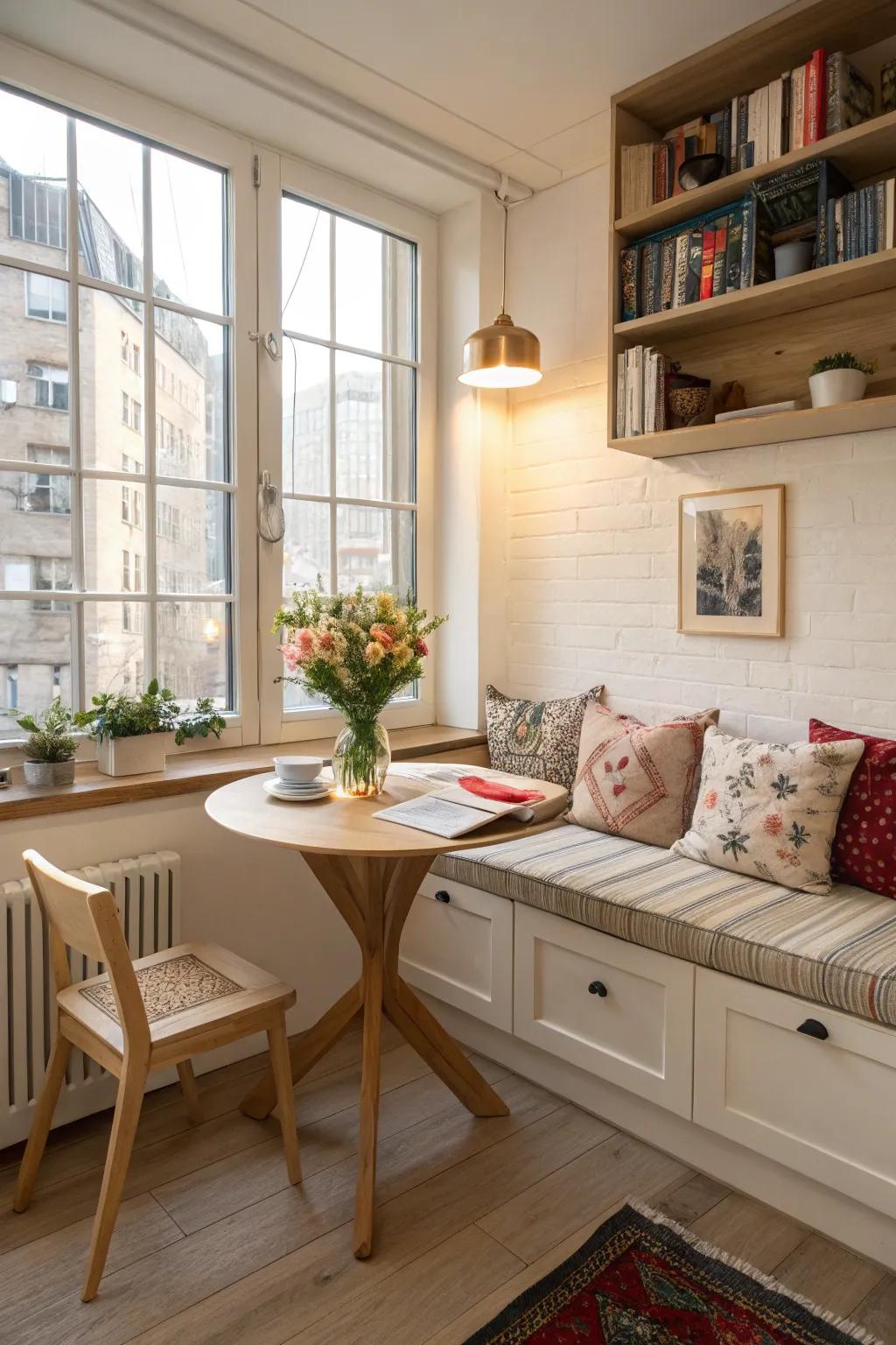 A comfortable corner with fitted benches offers an attractive dining space.