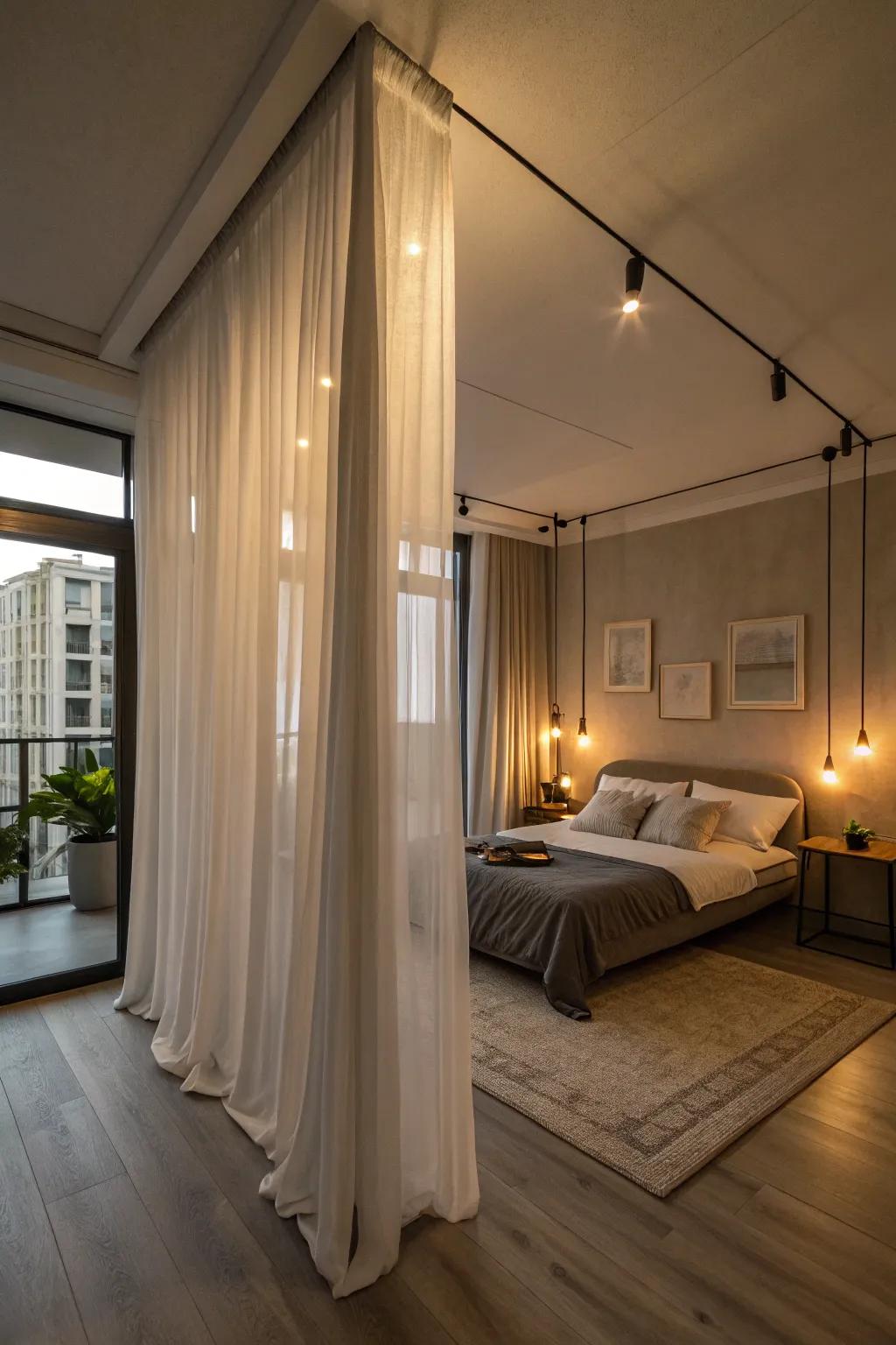 Drapes fashion a versatile and personal sleeping quarter.
