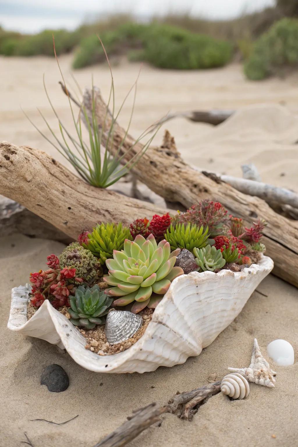 A marine-themed succulent composition nestled in a shell.