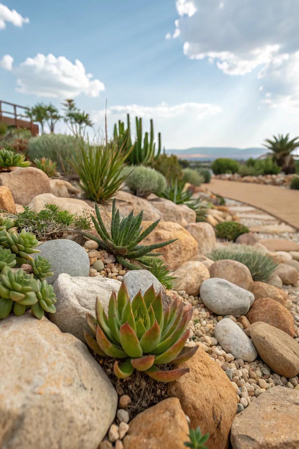 An authentic stone setting with succulents nestled amidst rocks and pebbles.