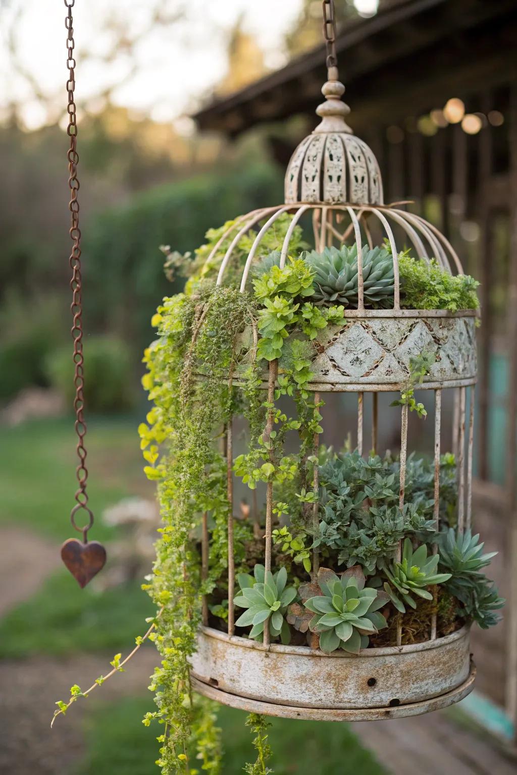 An imaginative birdcage garden introduces charm and interest.