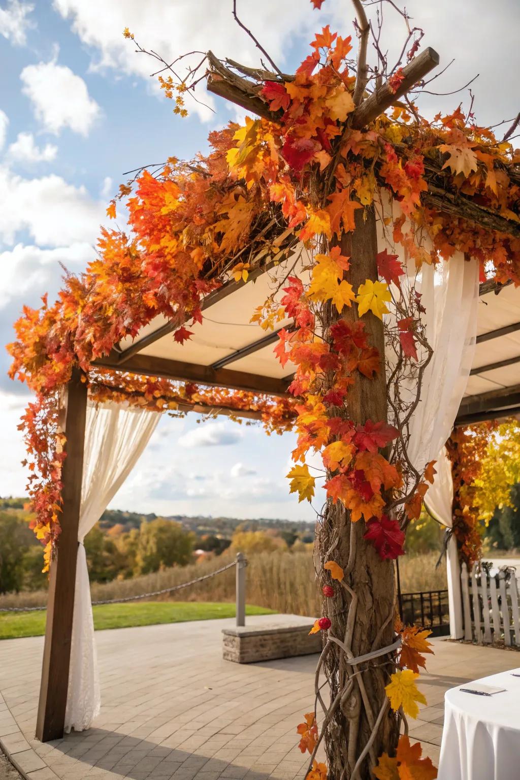 An inviting sukkah embellished with colorful seasonal foliage and branches.