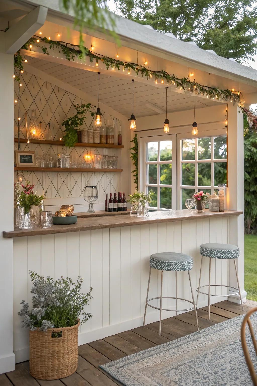 A refined small-scale bar with wall-mounted shelves, ideal for smaller areas.