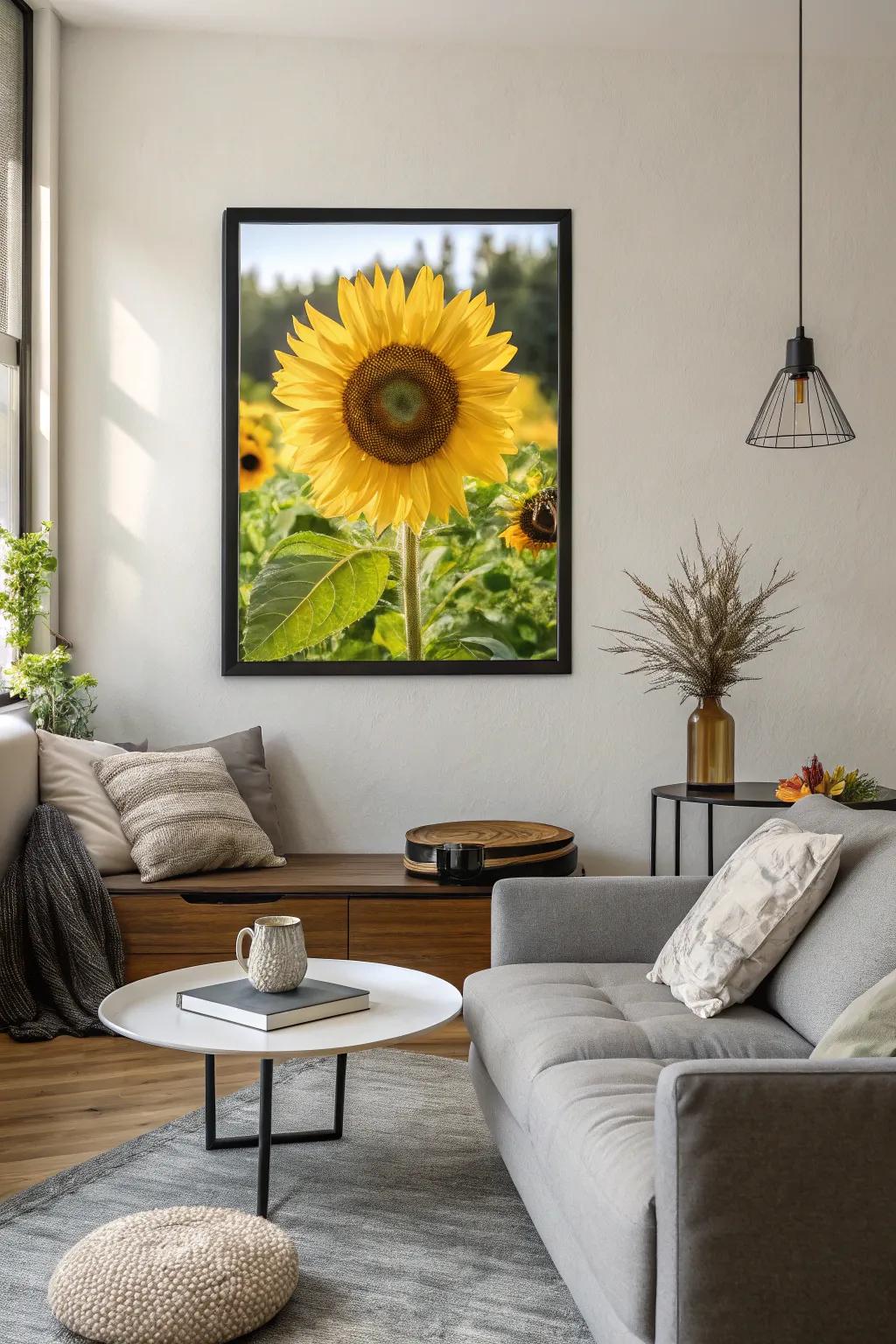 Framed sunny bloom artwork contributing warmth to the space.