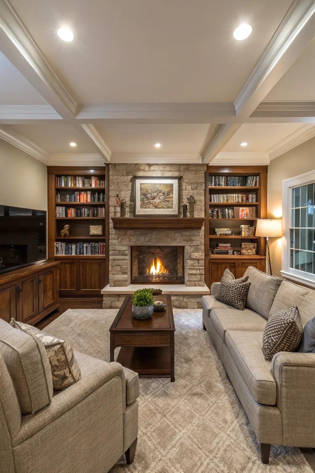 A sunken living room with a central fireplace.