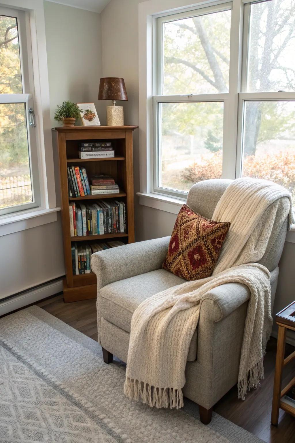 A relaxing reading corner nestled in the corner of a sunroom.