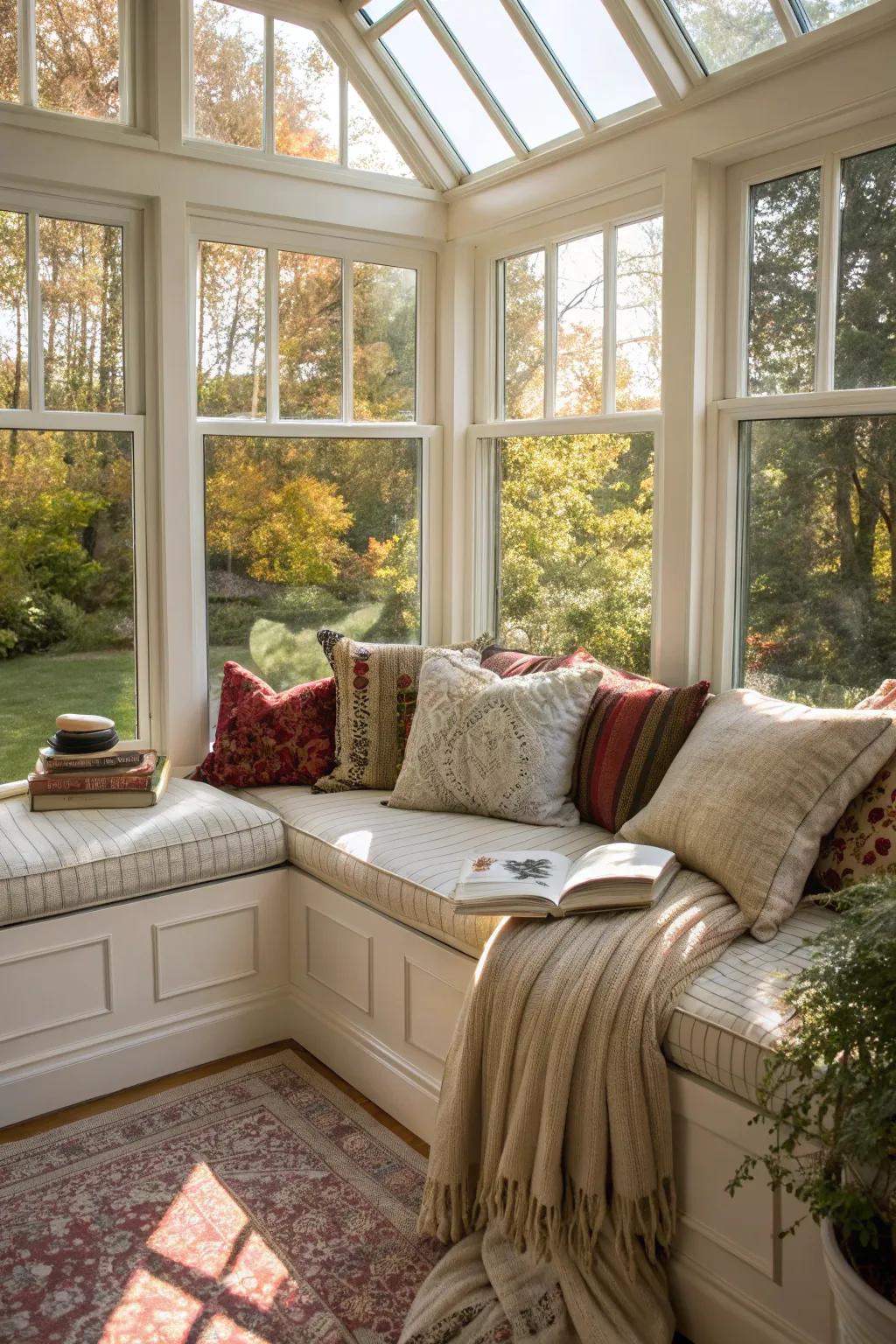 Angled windows create a cozy reading nook inside your sunroom.