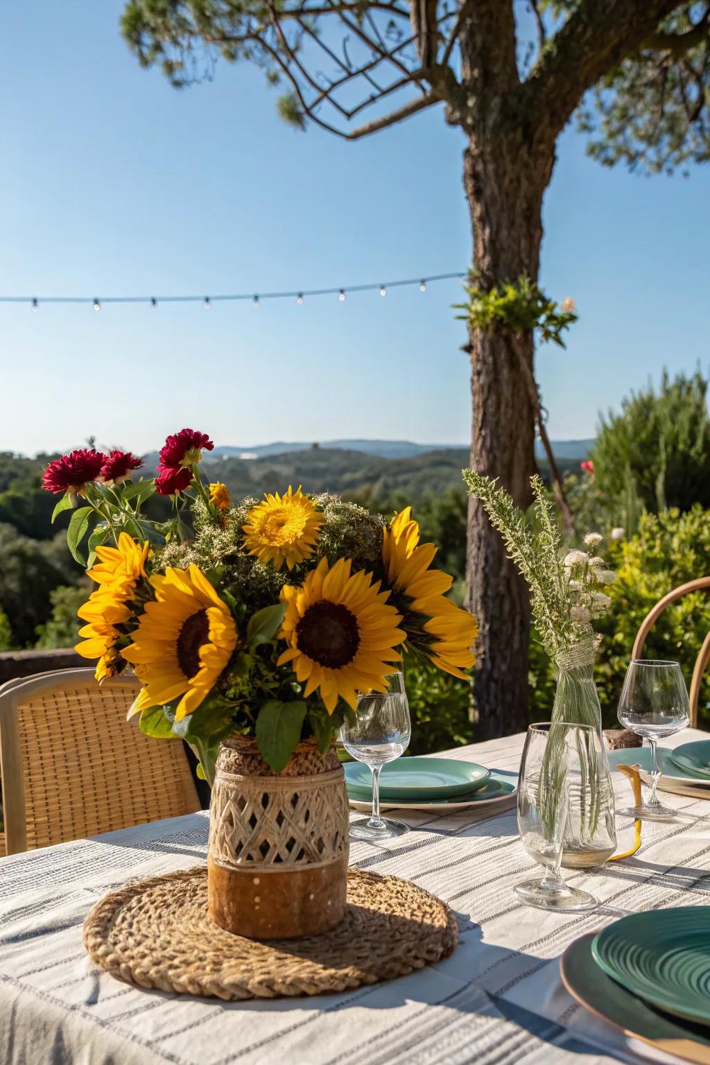 Sunflowers positioned in a rustic container contribute a cheerful element to any barbecue setting.