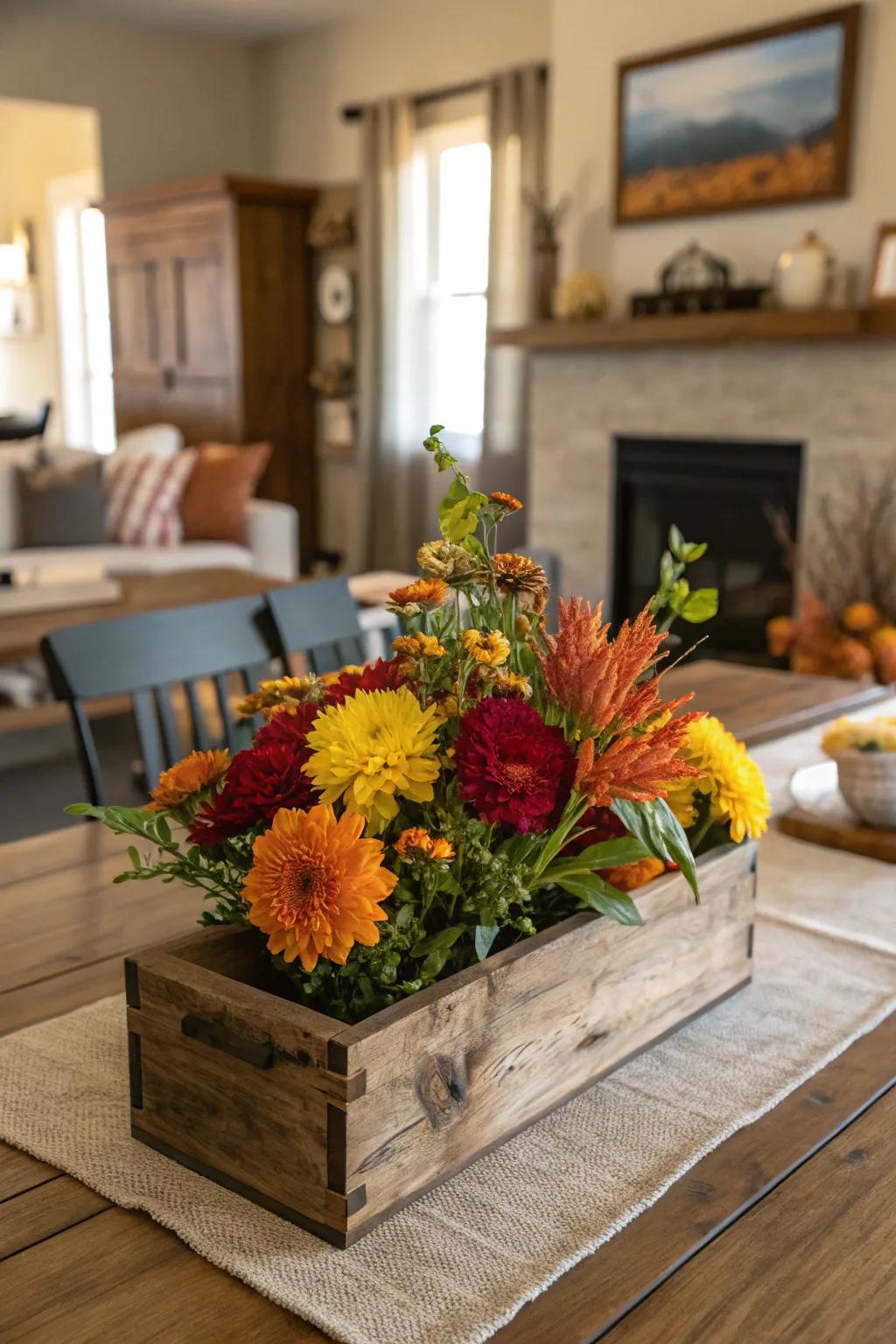 An old-fashioned timber crate brimming with fall flowers, imparting warmth and allure to the table.
