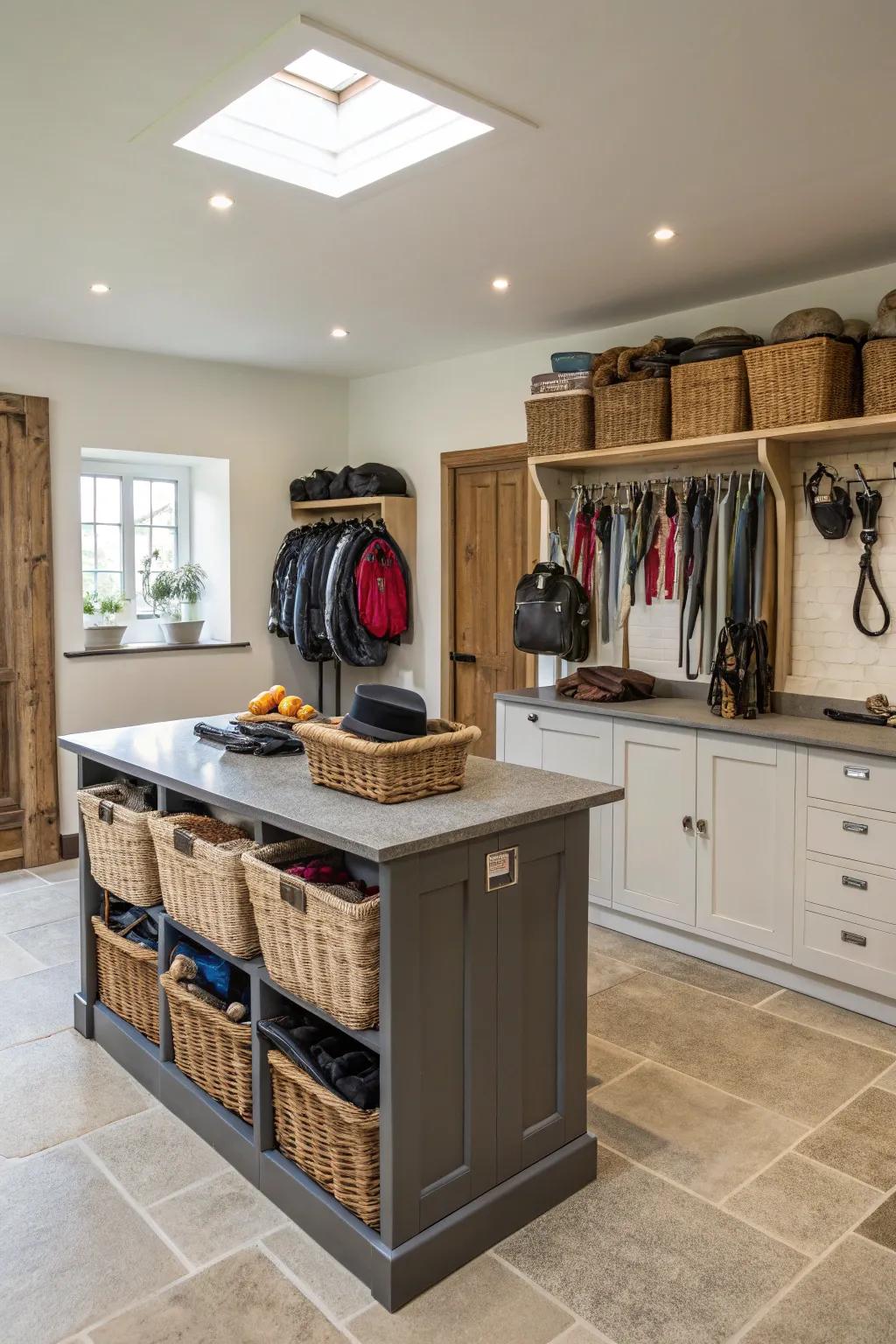 A tack room featuring a central station for storage and a workspace.