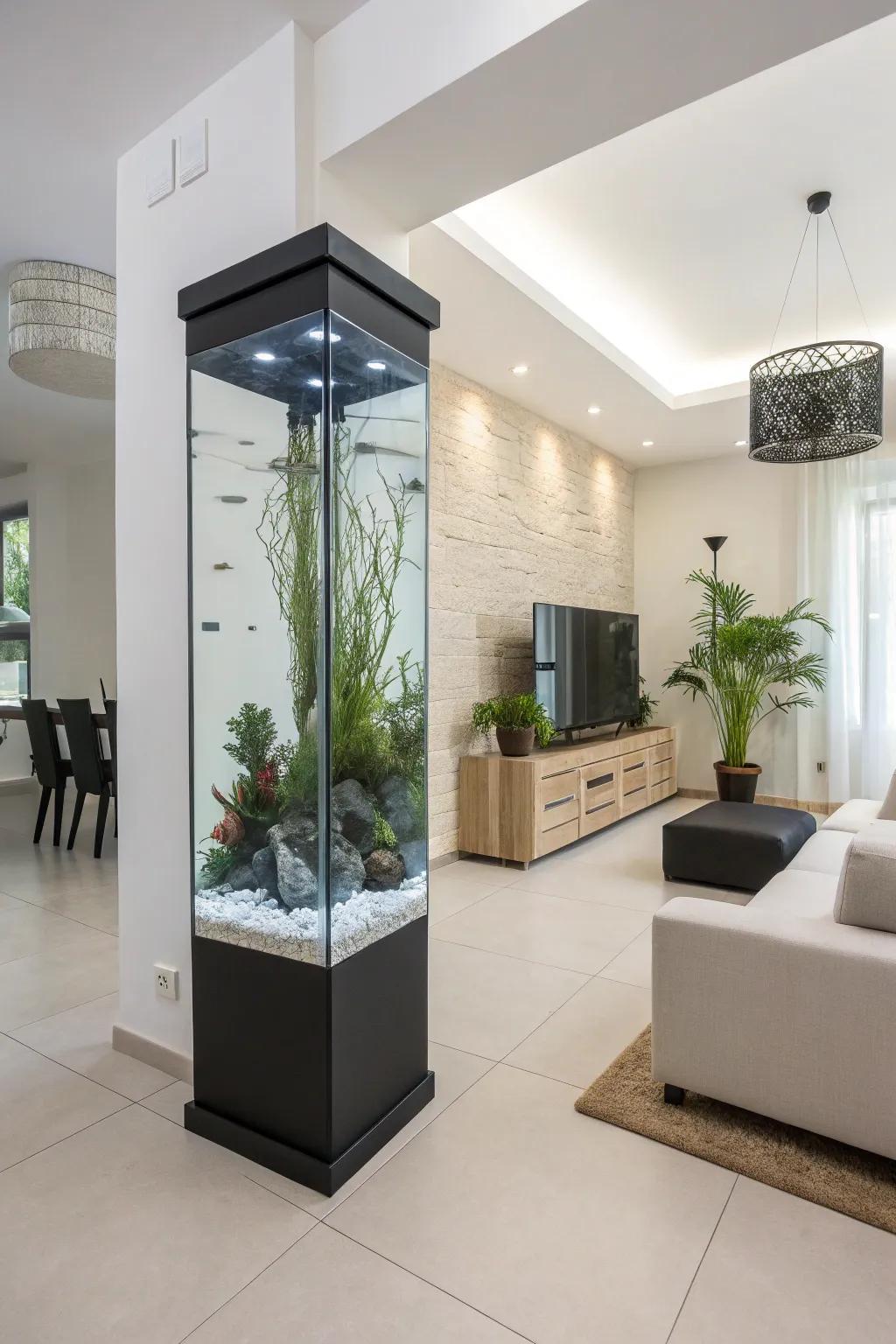 A streamlined and minimalistic layout for a towering aquarium.