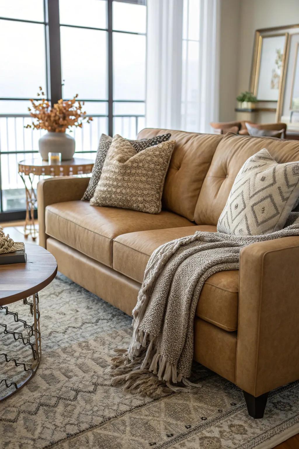 Textures introduce coziness and intrigue to a beige sofa arrangement.