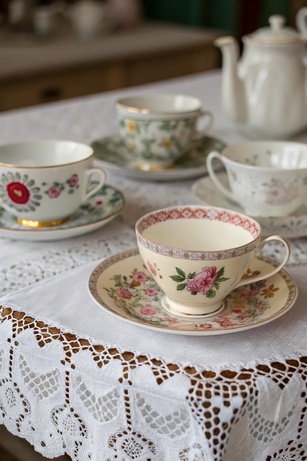 Vintage tea collections featuring mixed designs cultivate a fantastical tea gathering ambiance.