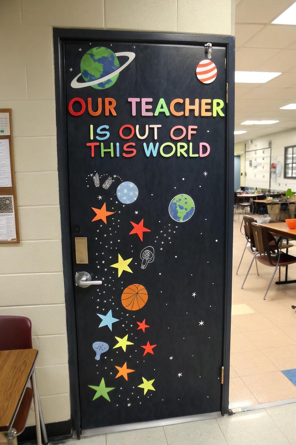 An out-of-this-world door decoration celebrating teachers.