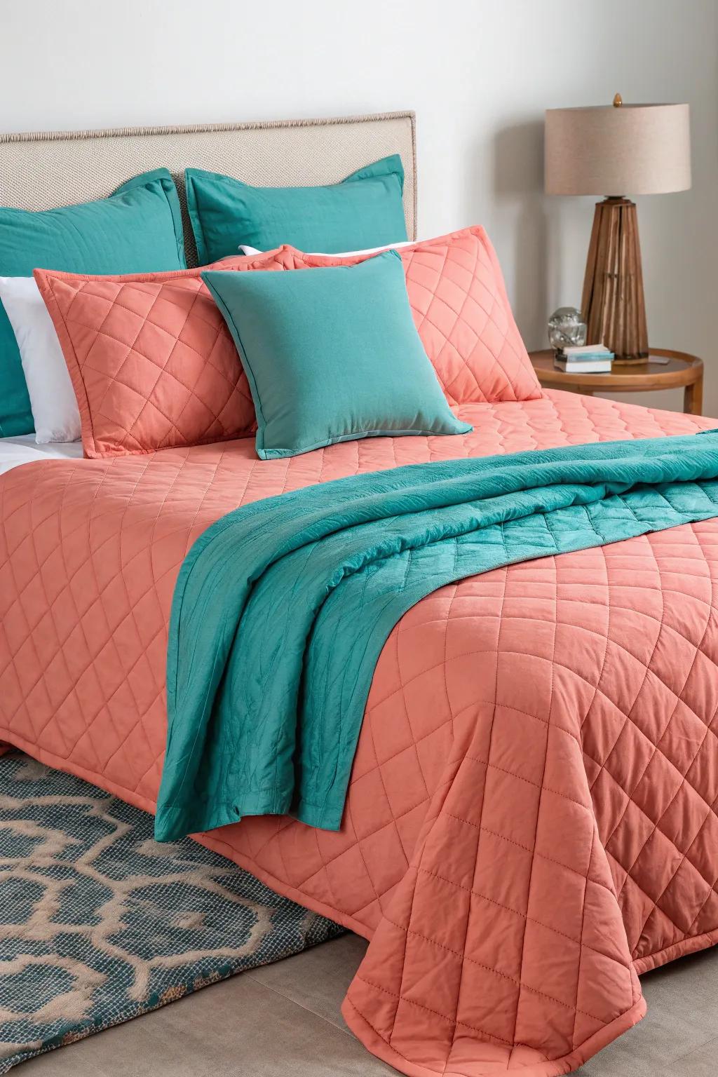 Crimson bedding balanced with aquamarine throws for a warm sensation.