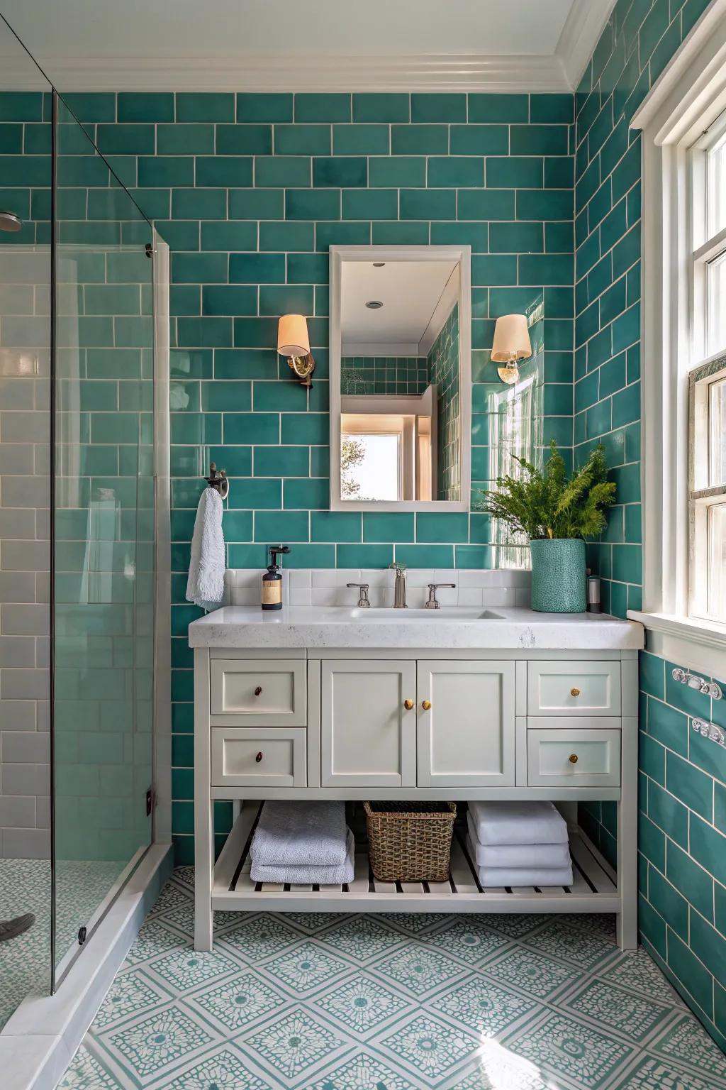 Increase visual appeal with classic cerulean brick-style tiles.