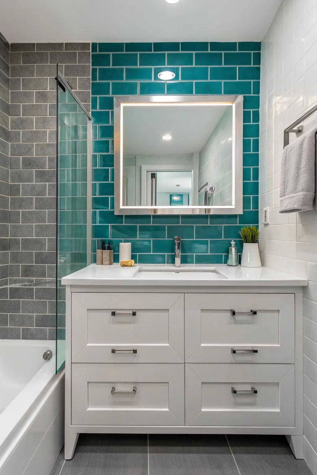 Produce a striking center point using a turquoise ceramic highlighted wall.