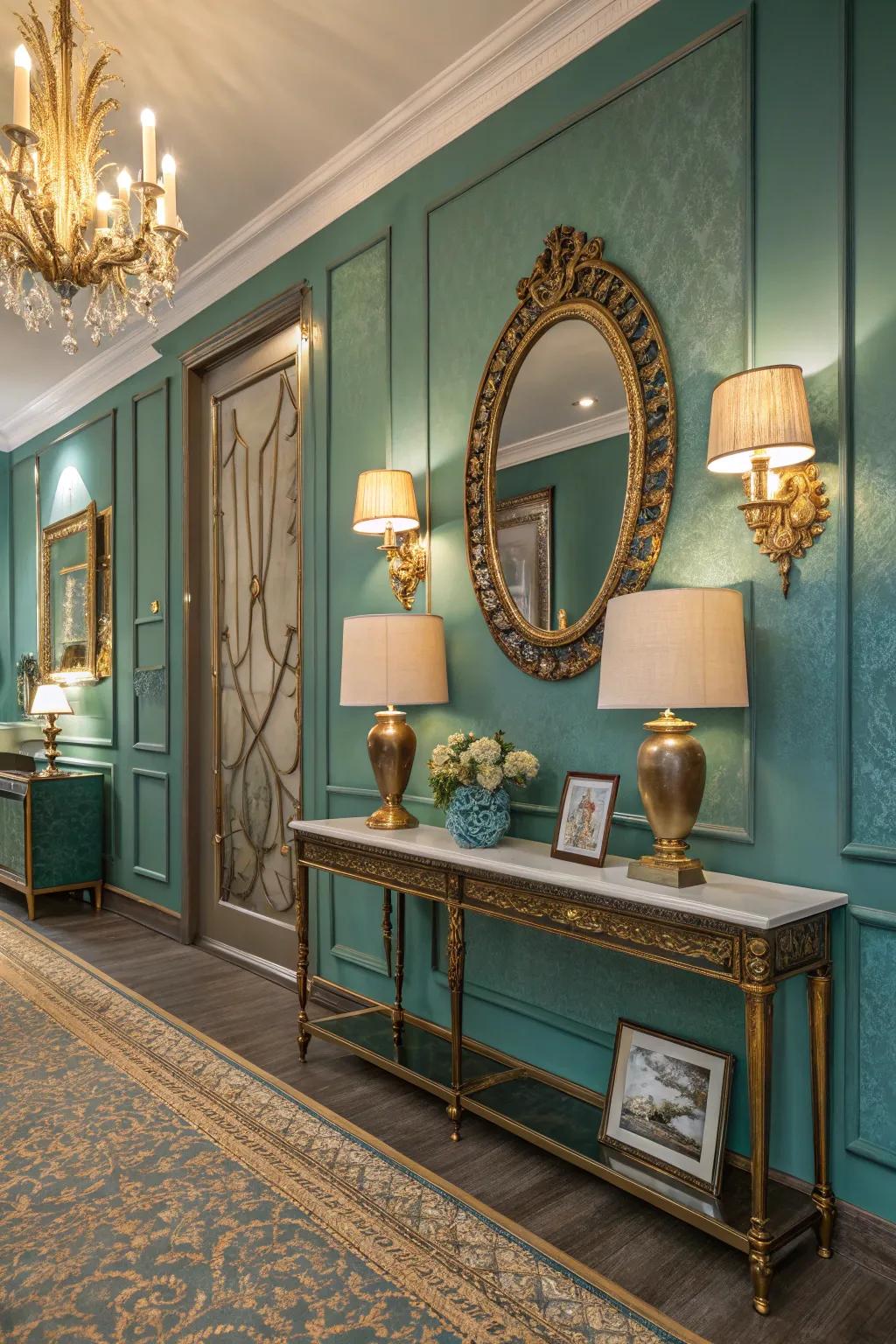 Turquoise walls aligned with gold highlights for a luxurious aesthetic.