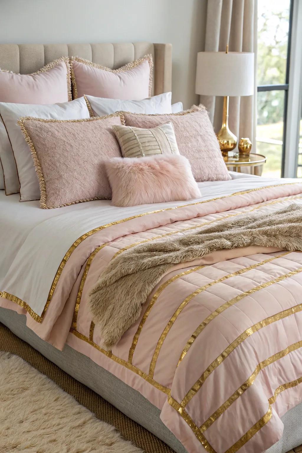 Cozy and stylish soft pink and gold layered bedding.