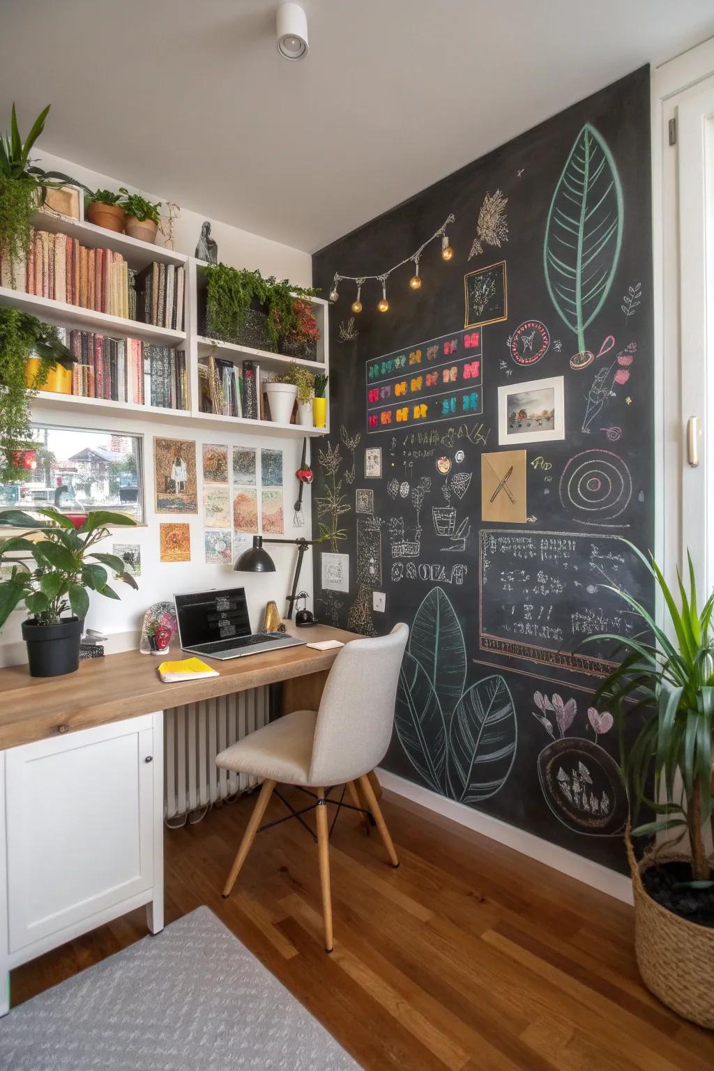 A blackboard wall in a home office stimulates creativity and organization.