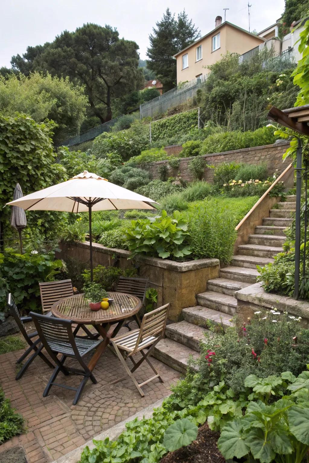 An appealing open-air eating arrangement on a layered garden, complete with shade and lush surroundings.