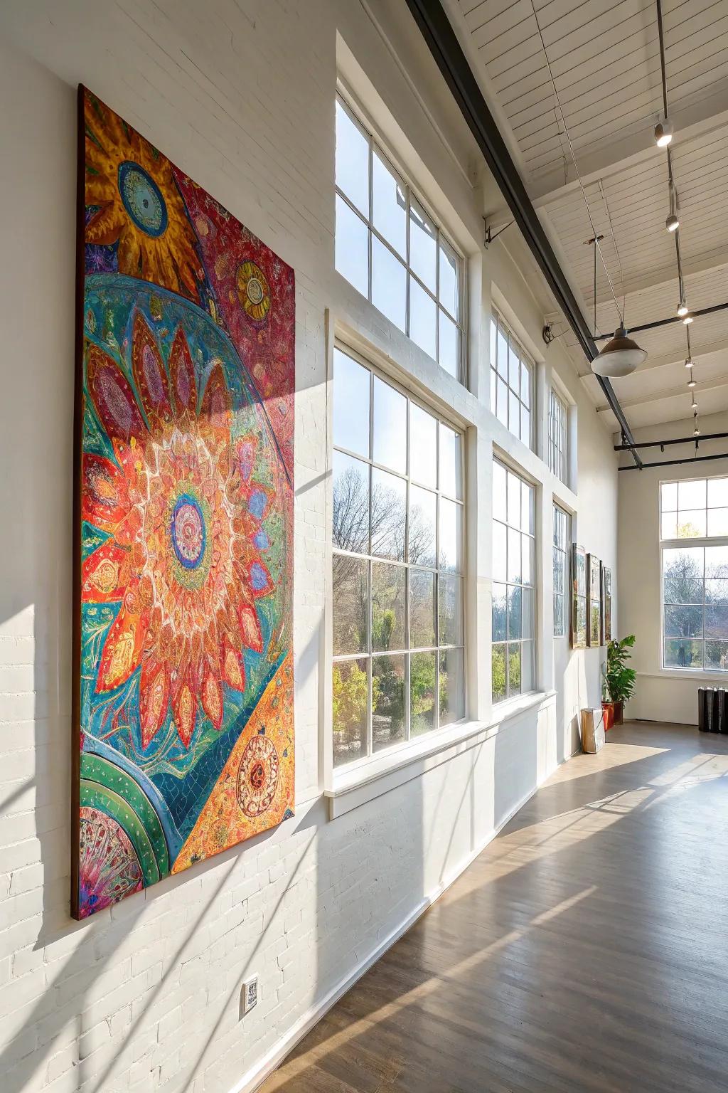 A freeform embossed painting explodes with vibrancy and inventiveness, excellent for a dynamic studio environment.